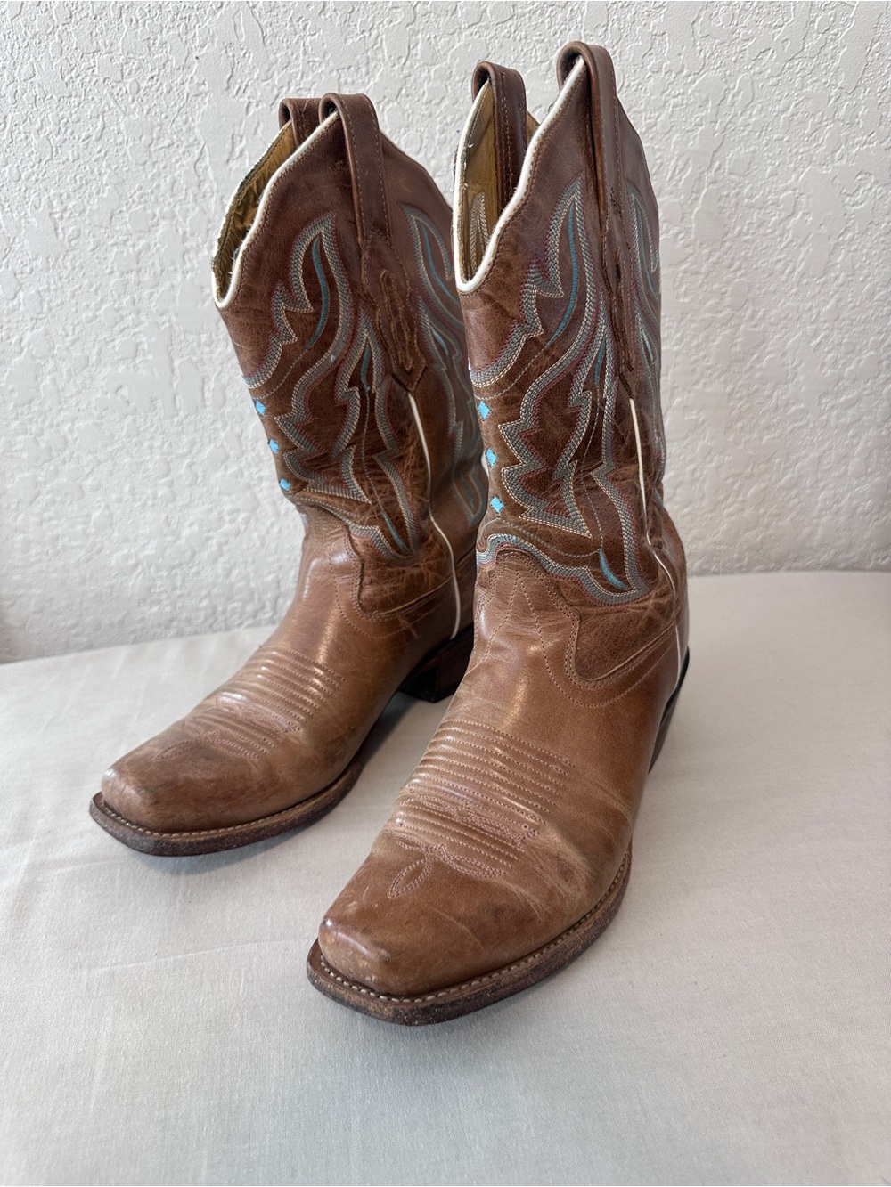 Old West 18006 Brown Leather Turquoise Embroidered Cowboy Boots 7.5 - Picture 2 of 9